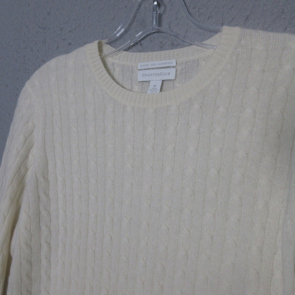 Charter Club Sweater M Cashmere 2 Ply Cable Knit Old Money Quiet Luxury Neutral